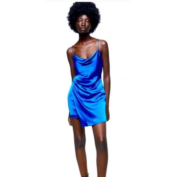 Zara Blue Satin Mini Dress - Picture 1 of 14